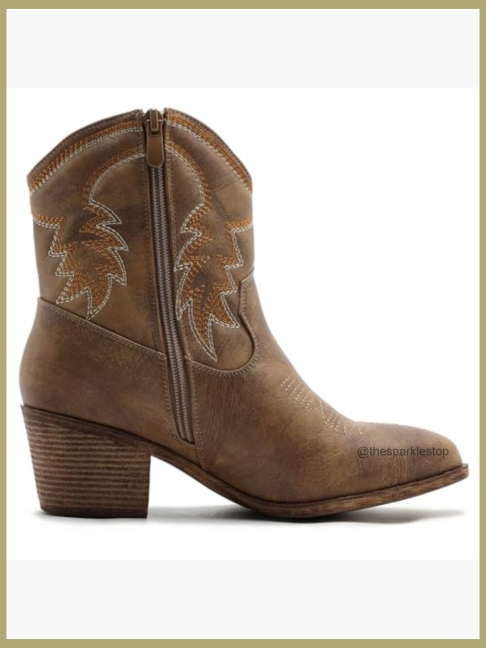 Women's Cowgirl Ankle Boots with Embroidered Stitching Low Heel Side Zip - Picture 4 of 7